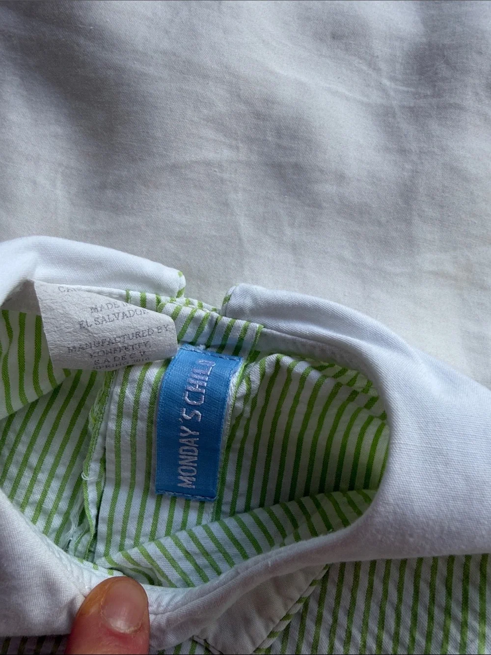 Monday's Child Green & White Striped Baby Romper with White Collar